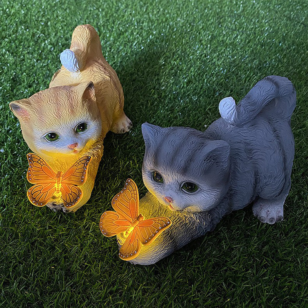 Cat Solar Garden Light — Hand-Painted Resin, LED Warm White, IP44, Dusk-to-Dawn