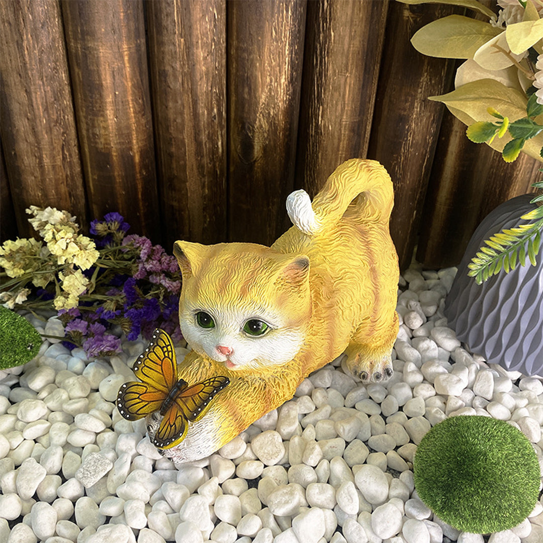 Cat Solar Garden Light — Hand-Painted Resin, LED Warm White, IP44, Dusk-to-Dawn