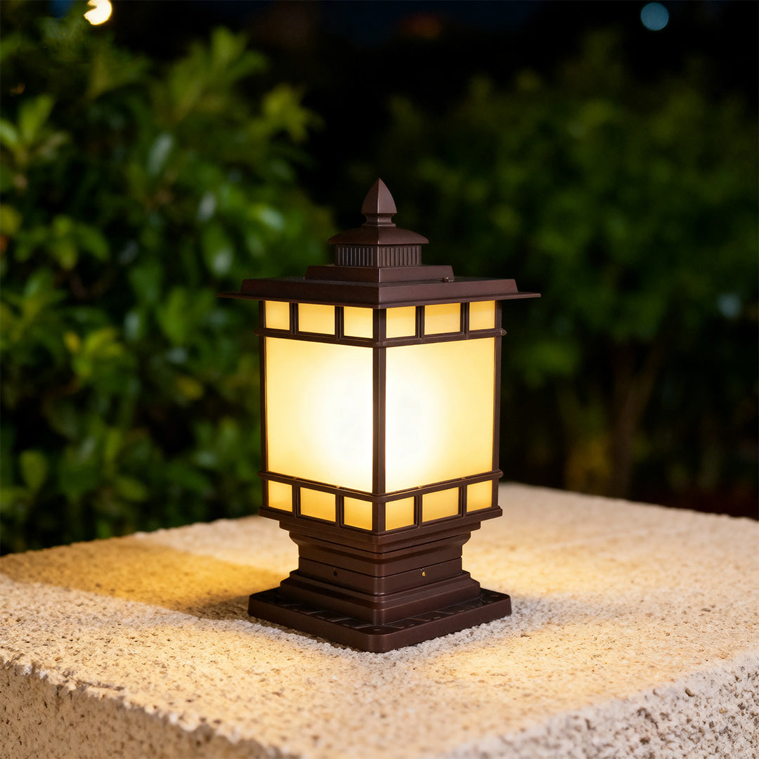 Vintage Outdoor Pillar Light — Coffee Aluminum and Glass, 9W LED E26, IP44, 14.4" Height