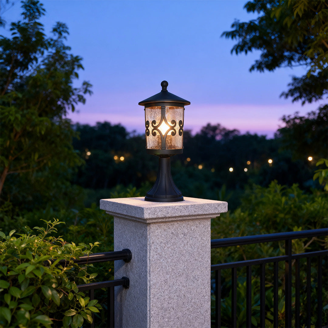 Classic Outdoor Pillar Light — Sand-Black Cast Aluminum and Glass, 9W E26, IP44, 3000K