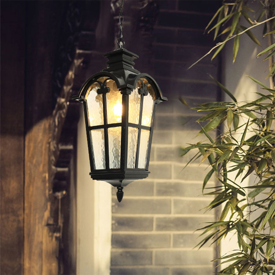 Roman-Style Outdoor Hanging Porch Light — Die-Cast Aluminum, Rippled Tempered Glass, Black and Gold, E27, IP55, 1-Light