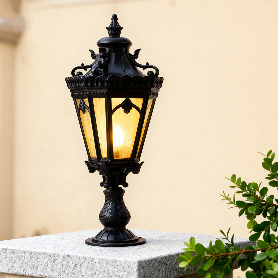 Column-Head Outdoor Pillar Light — Sand-Black Aluminum, Clear Glass, 18W E26, IP44, 10.24" × 26.57"