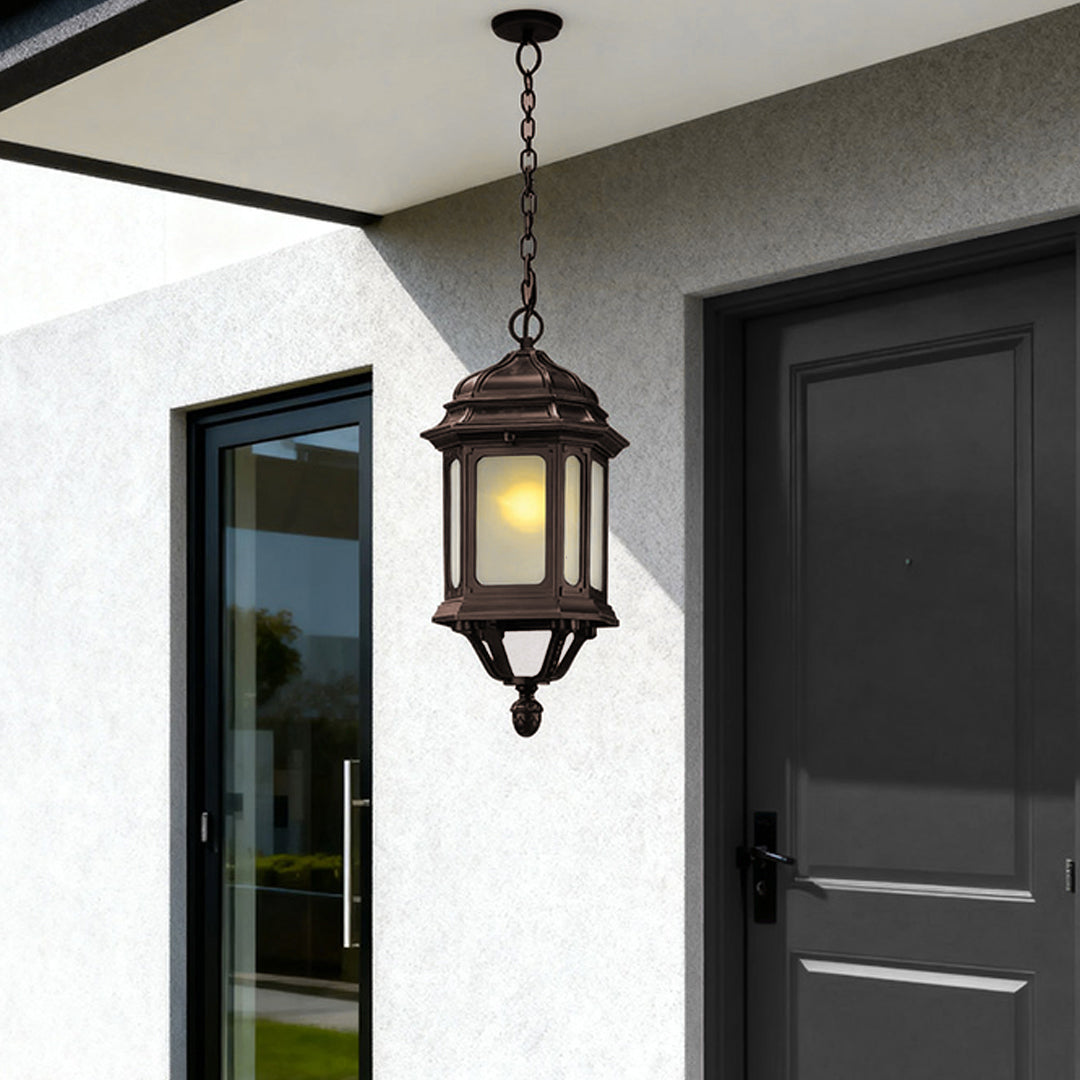 Minimalist Outdoor Hanging Pendant — Coffee Aluminum, Clear Glass, 9W E26, IP44, 80cm Adjustable Chain