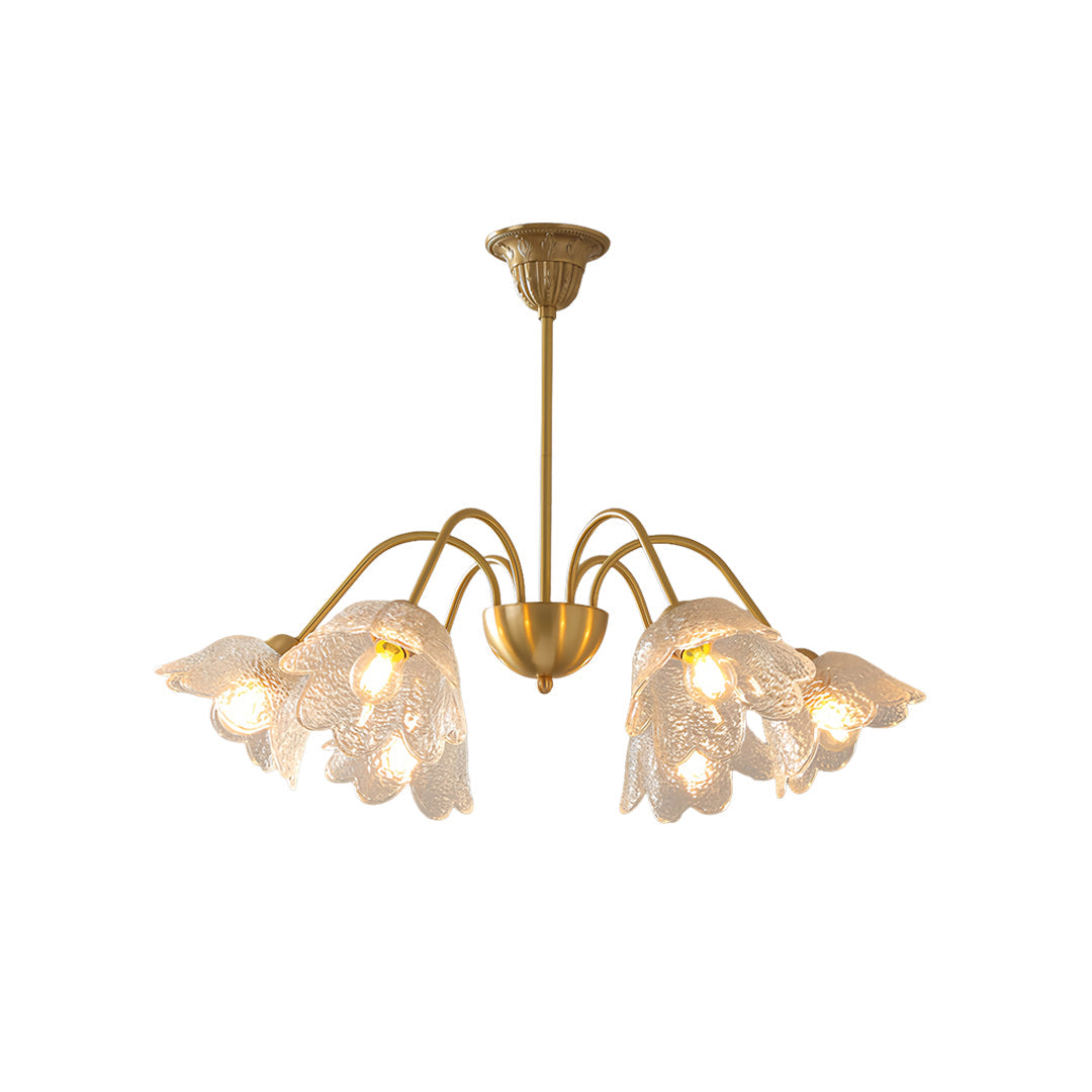 French Flower-Shaped Glass Chandelier — Full Copper, Brass Finish, 3-Step Dimming, 3, 6, or 8-Light
