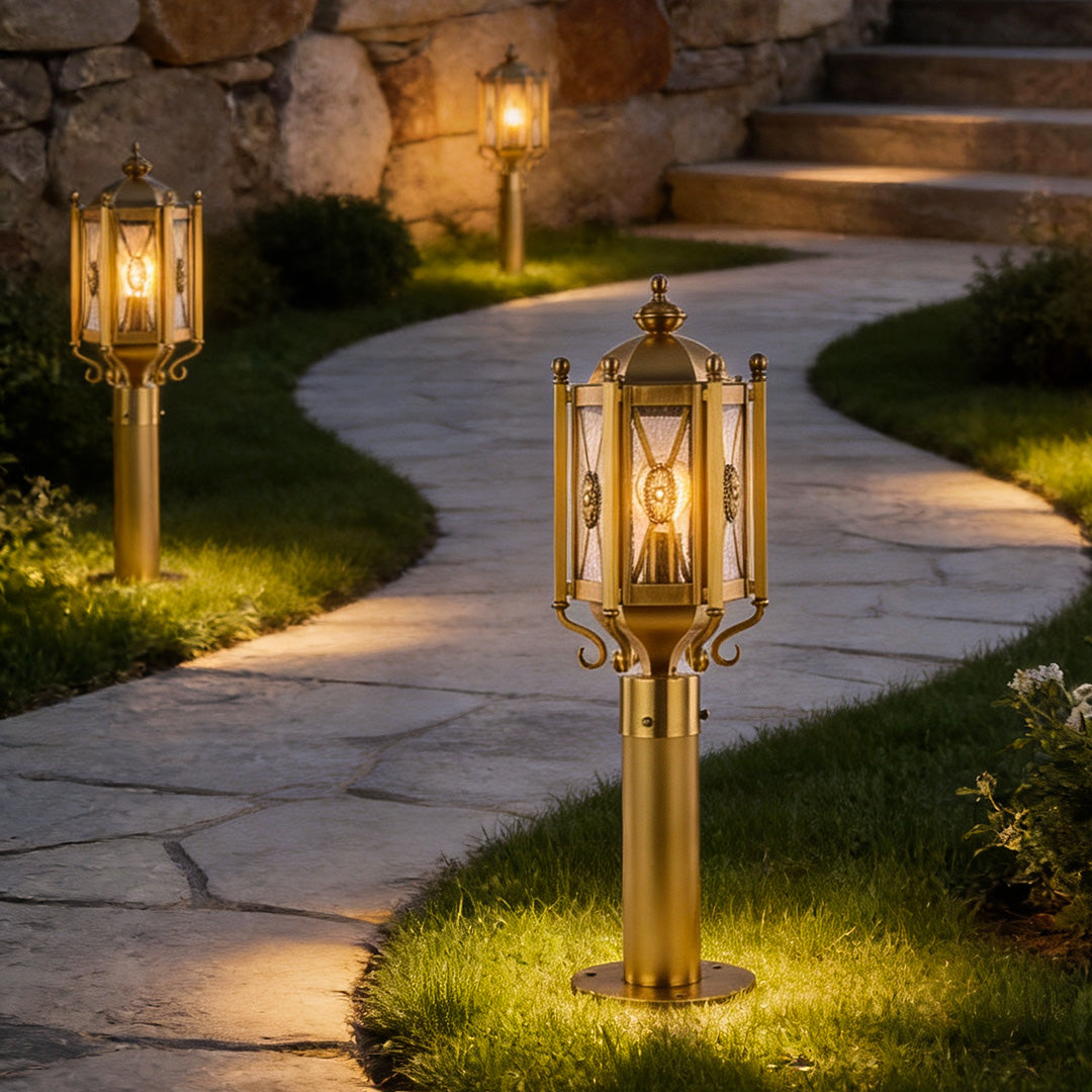 Copper Path Light — Solid Brass, Clear Glass Shade, E27, IP55 Weatherproof, Hardwired