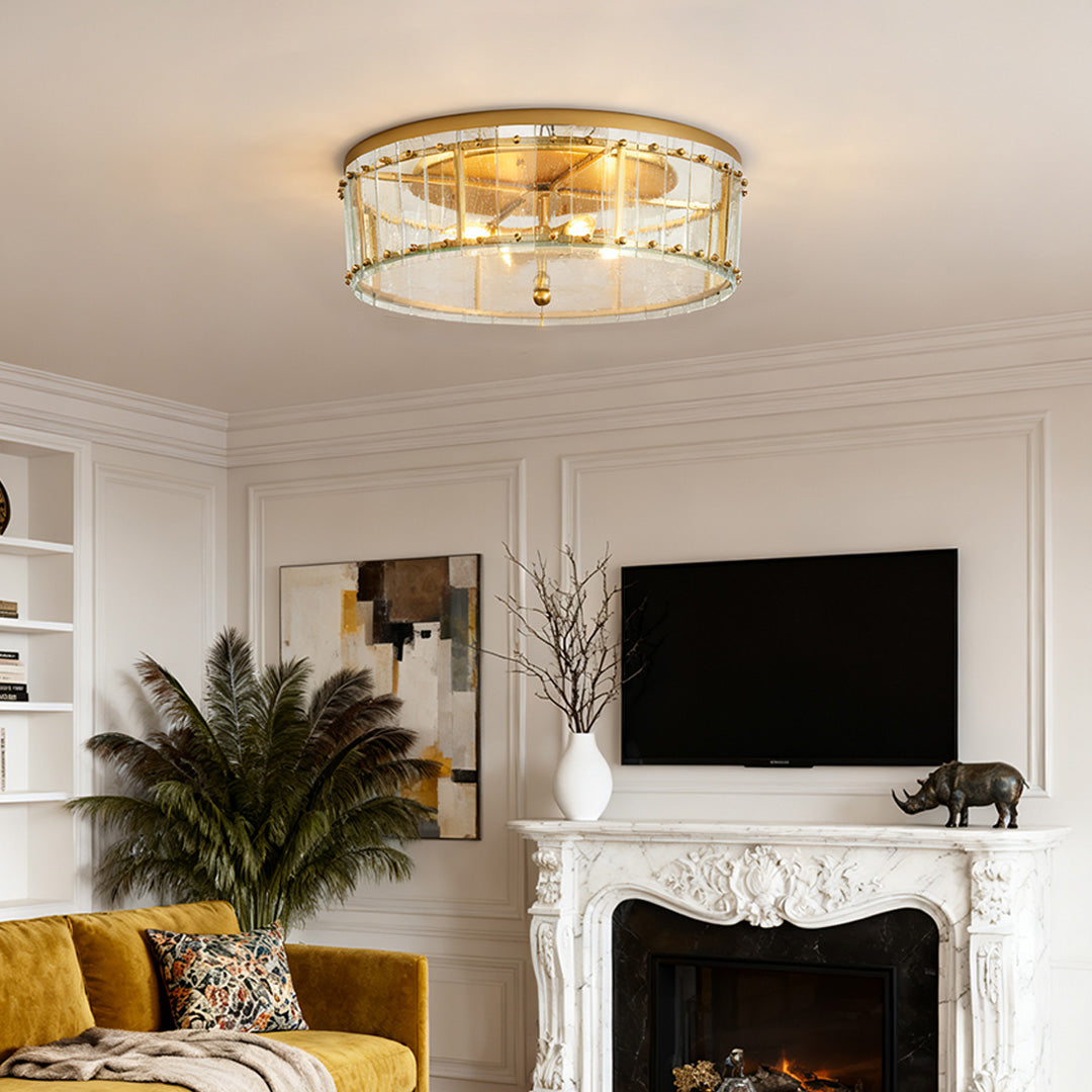 Round Geometric Flush-Mount Ceiling Light — Gold, Transparent Glass Shade, E12 Multi-Light, 24"