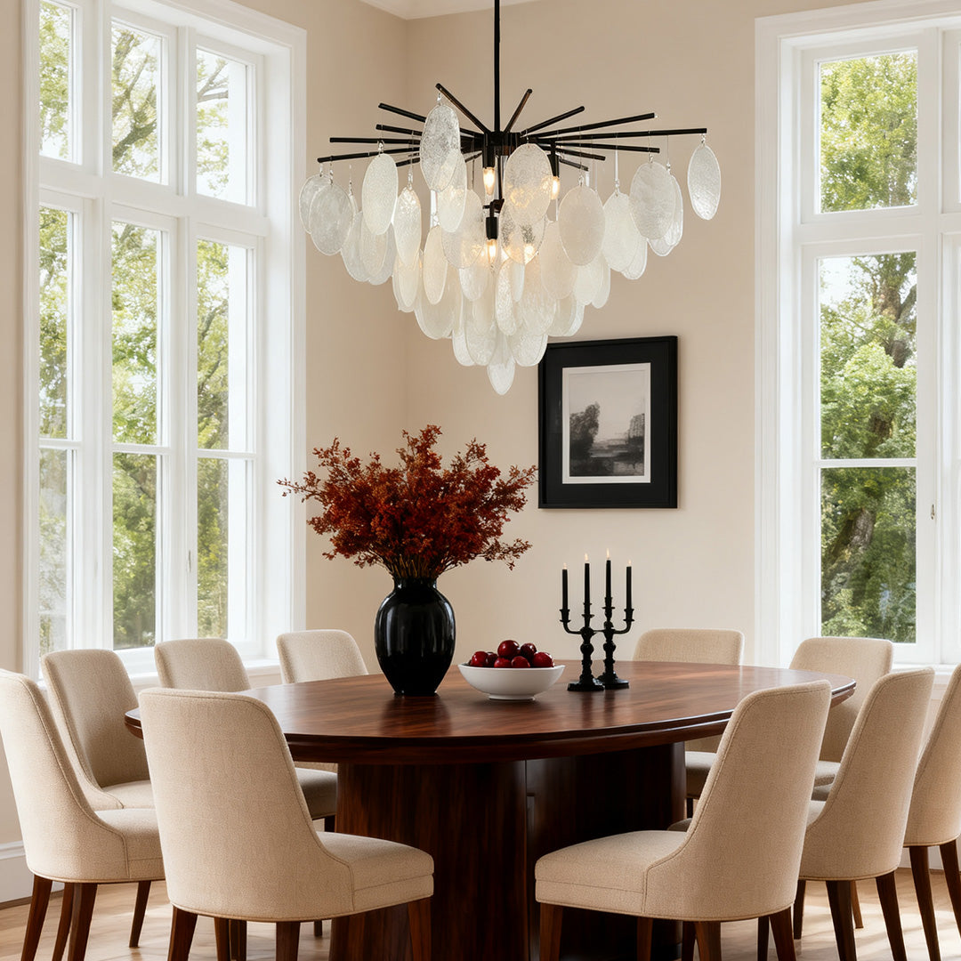 Minimalist Mother-of-Pearl Cone Chandelier — Matte Black Metal, Transparent Glass, Adjustable 36" Rod, E12