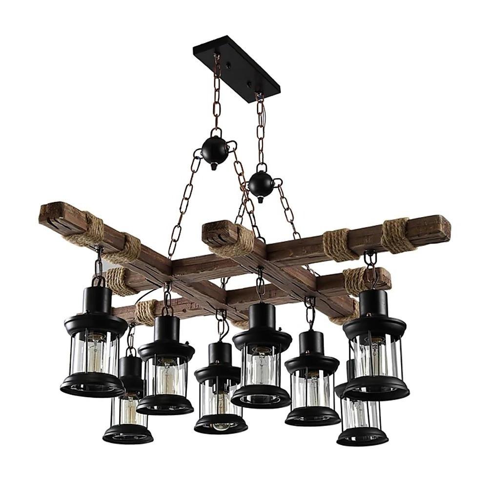 Vintage Farmhouse Geometric Chandelier — Wood and Glass, 39" Adjustable Cord, LED-Compatible