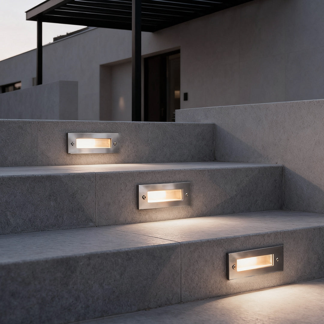 Embedded Outdoor Step & Stair Wall Light — Stainless Steel and Tempered Glass, 3W LED, IP65, Rectangular or Grid Style
