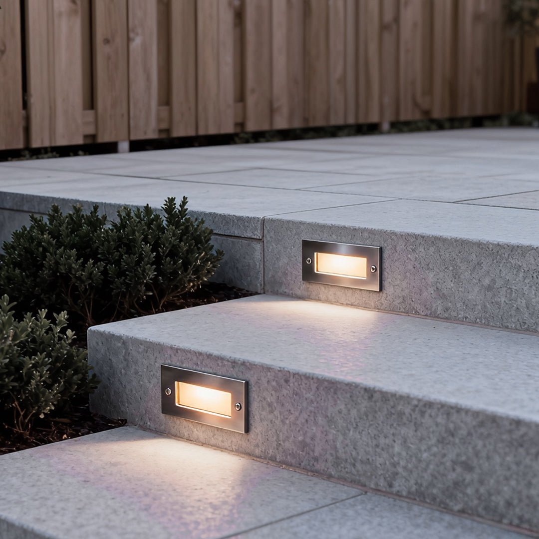 Embedded Outdoor Step & Stair Wall Light — Stainless Steel and Tempered Glass, 3W LED, IP65, Rectangular or Grid Style