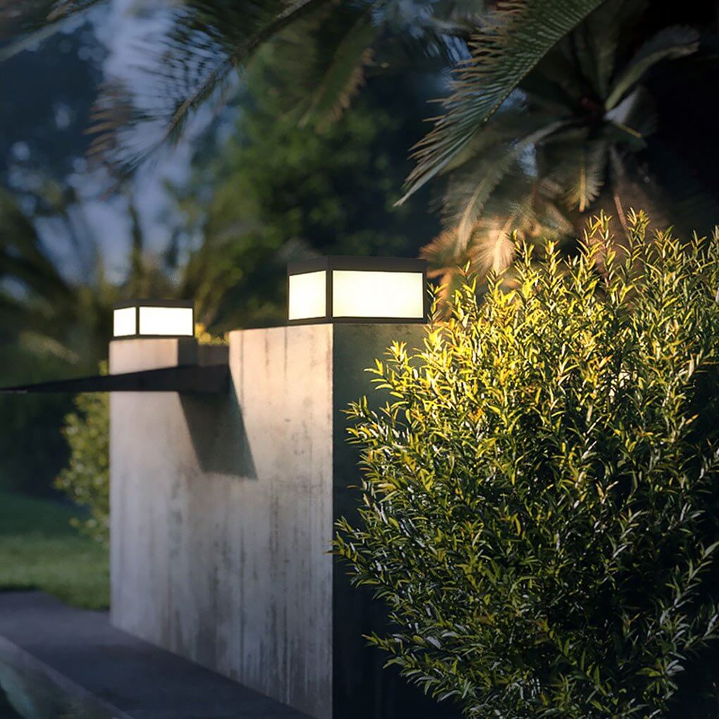 Square Cube Outdoor Pier Mount Light — Black Stainless Steel, LED 12W, Hardwired or Solar, Multiple Sizes