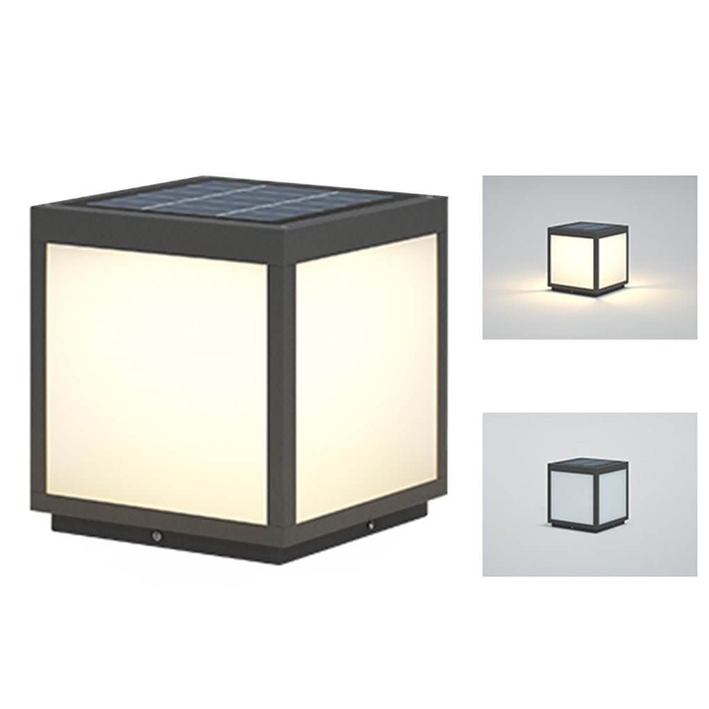 Square Cube Outdoor Pier Mount Light — Black Stainless Steel, LED 12W, Hardwired or Solar, Multiple Sizes