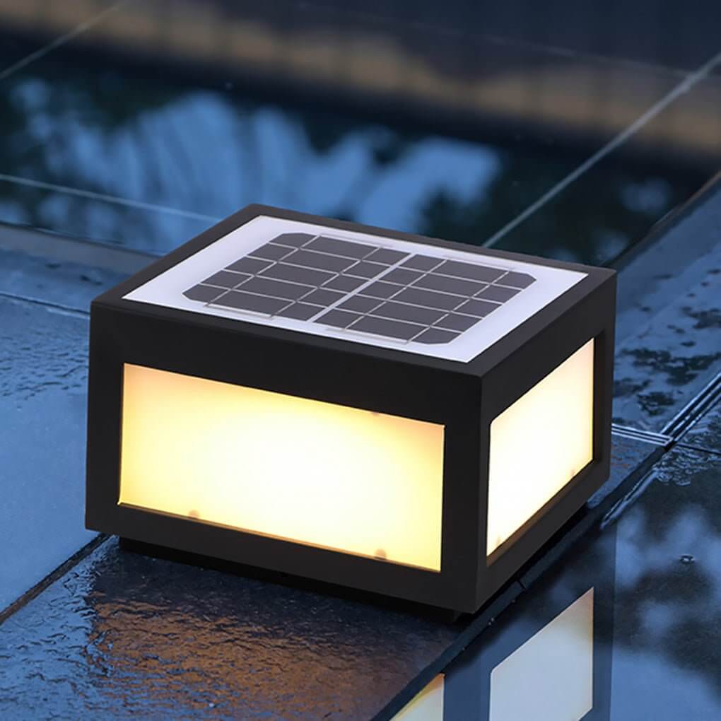 Square Cube Outdoor Pier Mount Light — Black Stainless Steel, LED 12W, Hardwired or Solar, Multiple Sizes