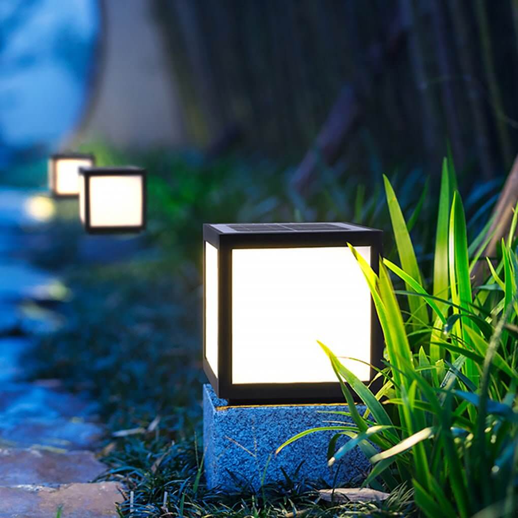Square Cube Outdoor Pier Mount Light — Black Stainless Steel, LED 12W, Hardwired or Solar, Multiple Sizes