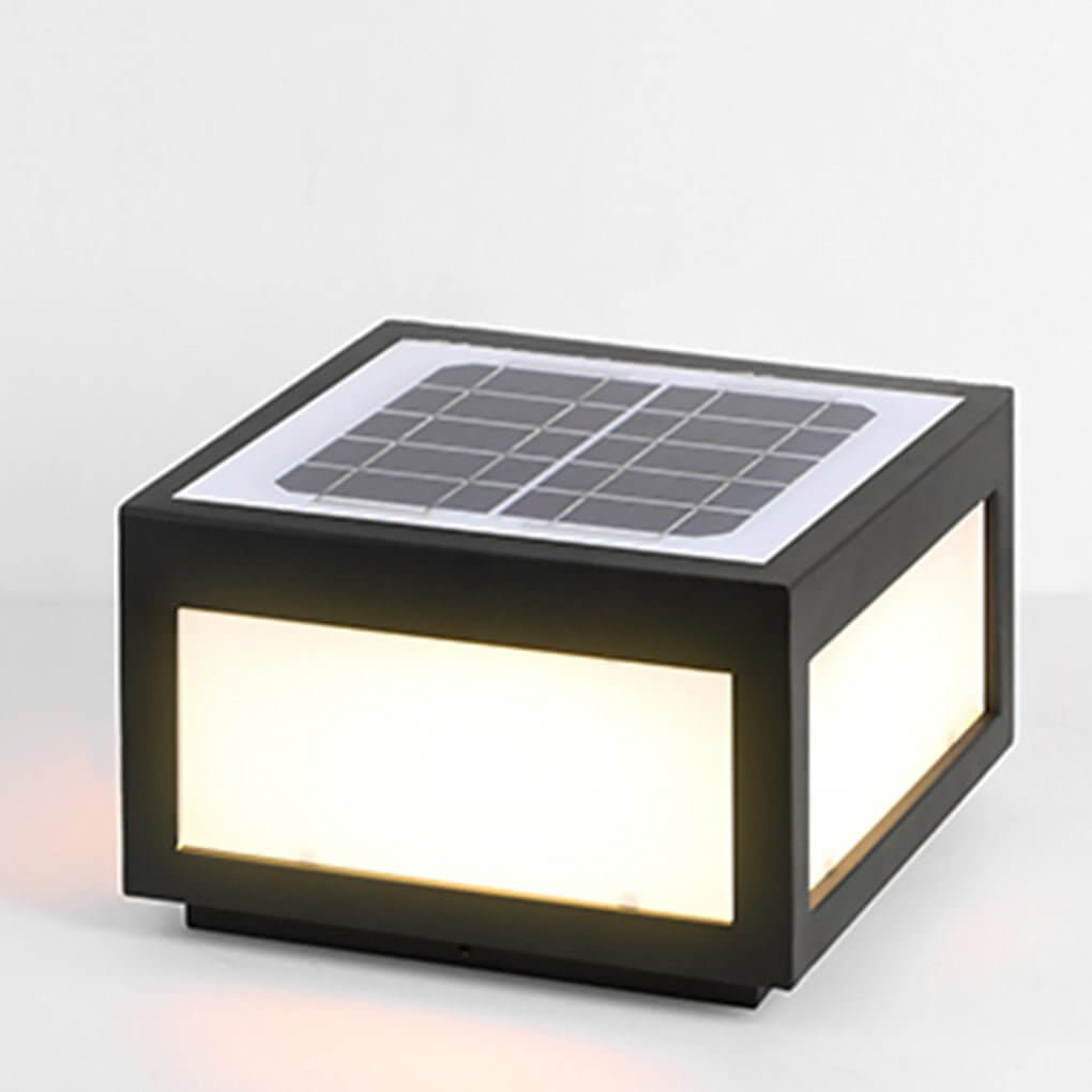 Square Cube Outdoor Pier Mount Light — Black Stainless Steel, LED 12W, Hardwired or Solar, Multiple Sizes