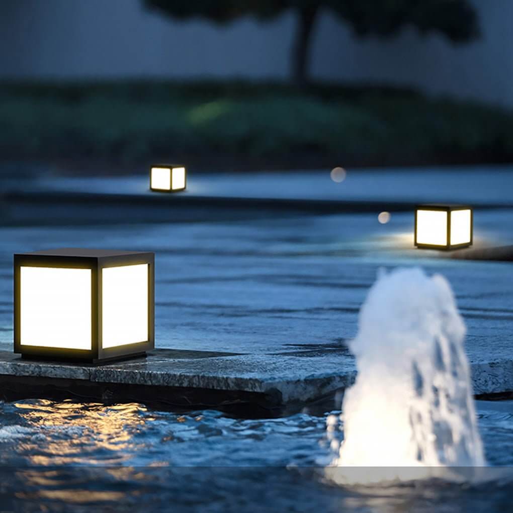 Square Cube Outdoor Pier Mount Light — Black Stainless Steel, LED 12W, Hardwired or Solar, Multiple Sizes