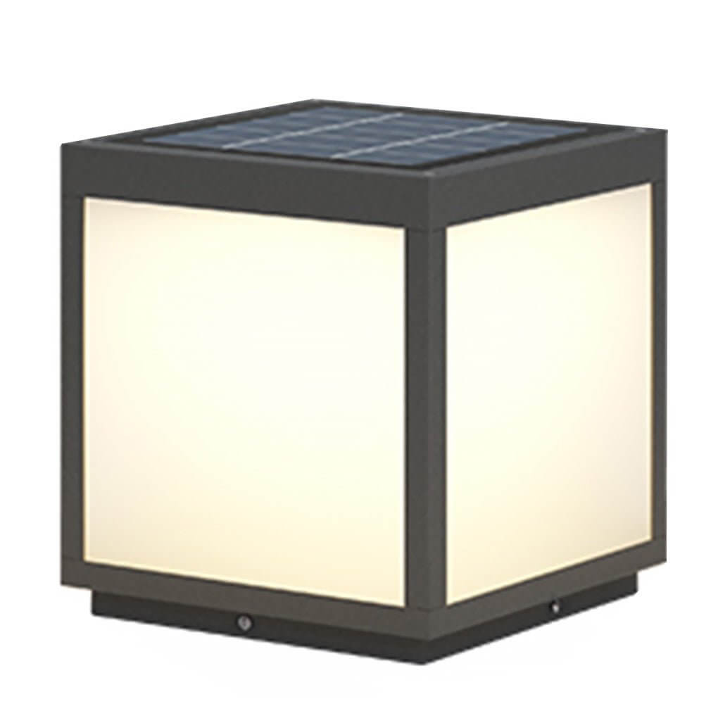 Square Cube Outdoor Pier Mount Light — Black Stainless Steel, LED 12W, Hardwired or Solar, Multiple Sizes