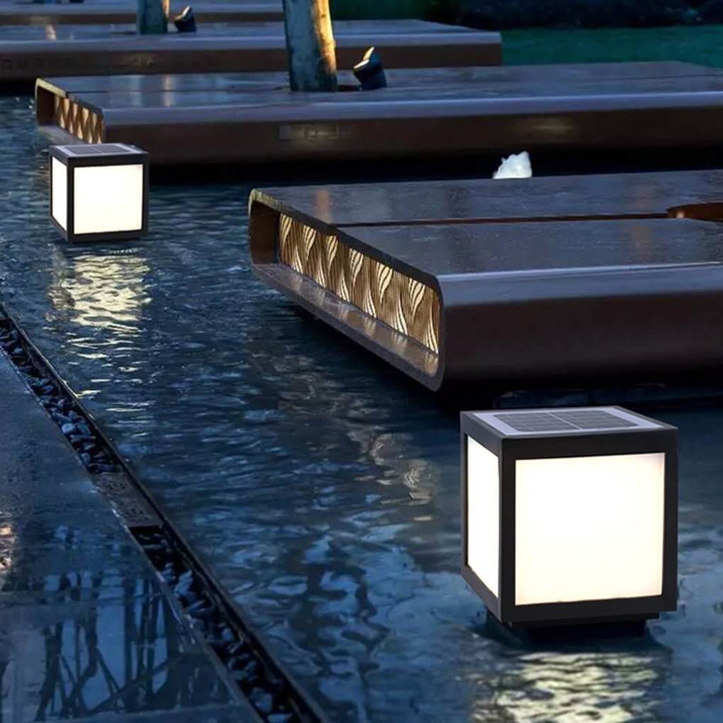 Square Cube Outdoor Pier Mount Light — Black Stainless Steel, LED 12W, Hardwired or Solar, Multiple Sizes