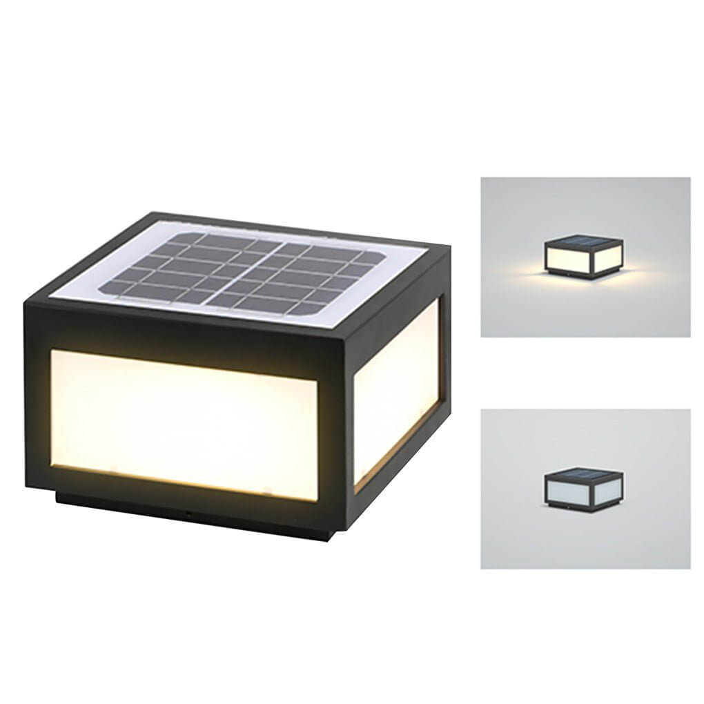 Square Cube Outdoor Pier Mount Light — Black Stainless Steel, LED 12W, Hardwired or Solar, Multiple Sizes