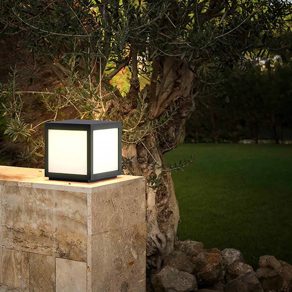 Square Cube Outdoor Pier Mount Light — Black Stainless Steel, LED 12W, Hardwired or Solar, Multiple Sizes