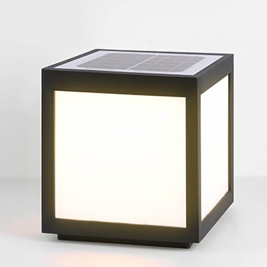 Square Cube Outdoor Pier Mount Light — Black Stainless Steel, LED 12W, Hardwired or Solar, Multiple Sizes