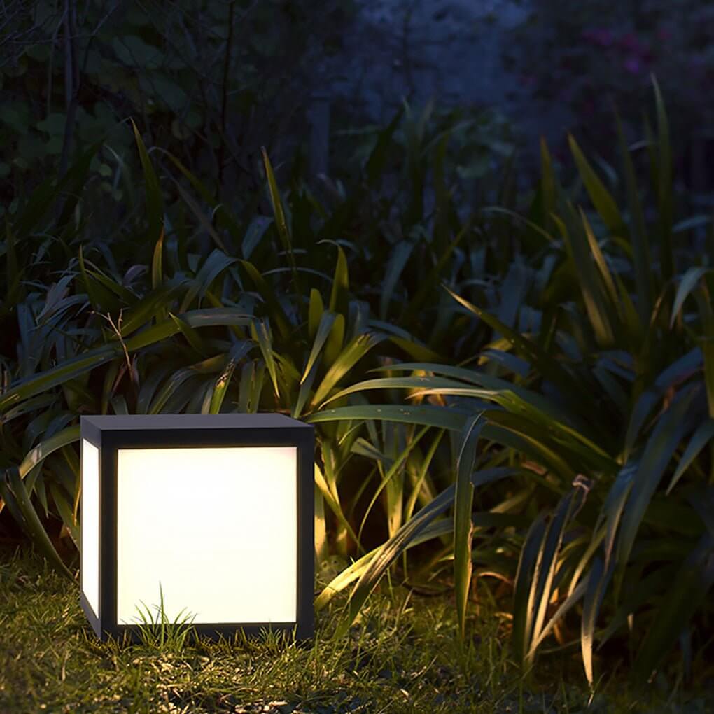 Square Cube Outdoor Pier Mount Light — Black Stainless Steel, LED 12W, Hardwired or Solar, Multiple Sizes