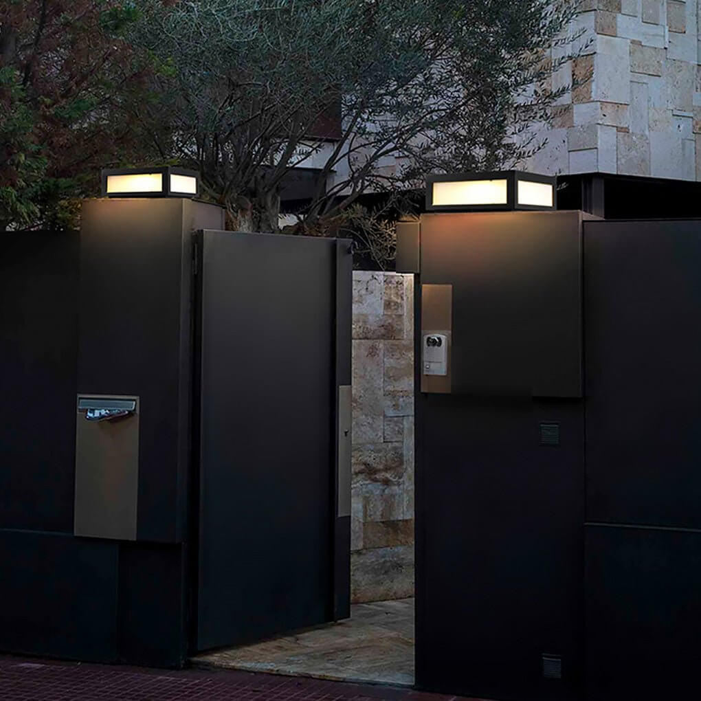 Square Cube Outdoor Pier Mount Light — Black Stainless Steel, LED 12W, Hardwired or Solar, Multiple Sizes