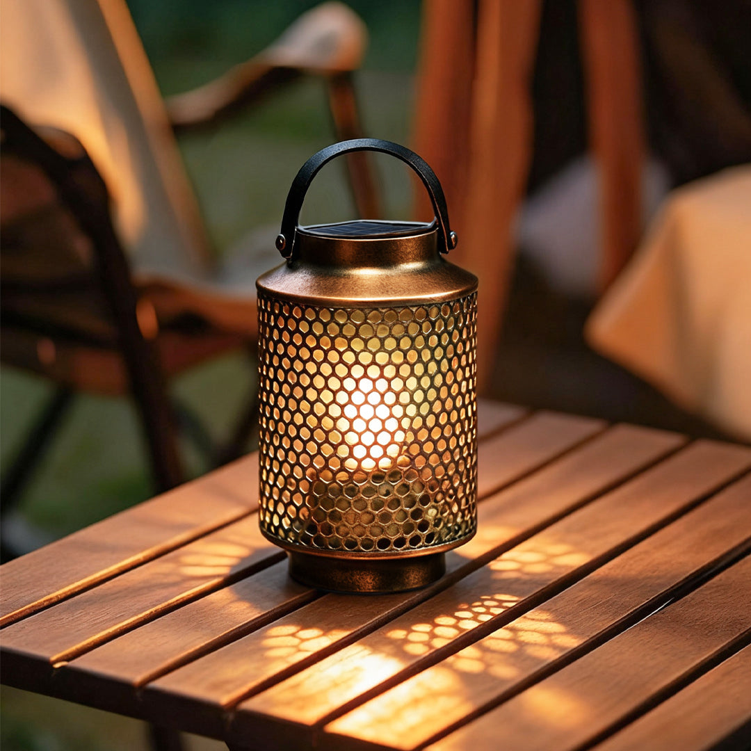 Retro Iron Art Portable Solar Lantern — Copper, Perforated, 0.5W LED, 600mAh, IP54