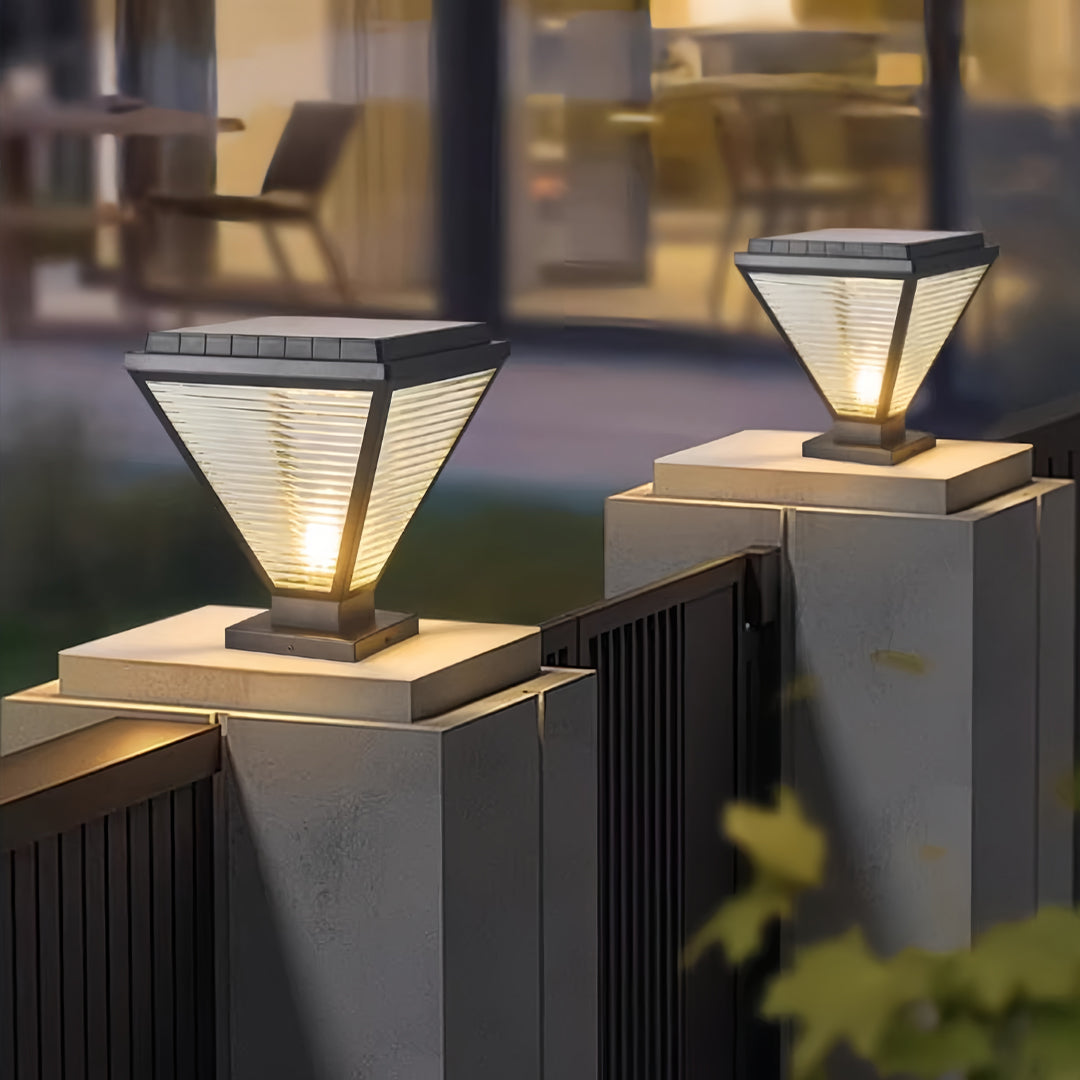 Modern Outdoor LED Pillar Light — Black Aluminum and Clear Glass, Solar / Hardwired, IP65, 4 Sizes