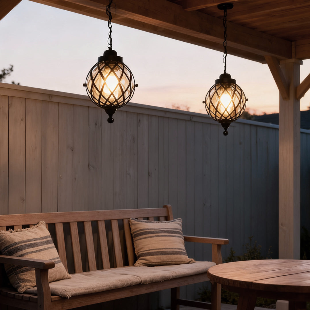 Globe Outdoor Hanging Pendant — Aluminum and Glass, E27, IP54, Black or Antique Copper