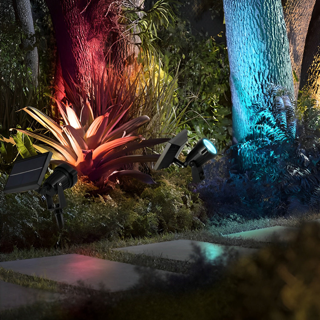 Adjustable RGB Solar Ground Spike Spotlight — Aluminum, 5W LED, IP65 Weatherproof, Warm White / RGB