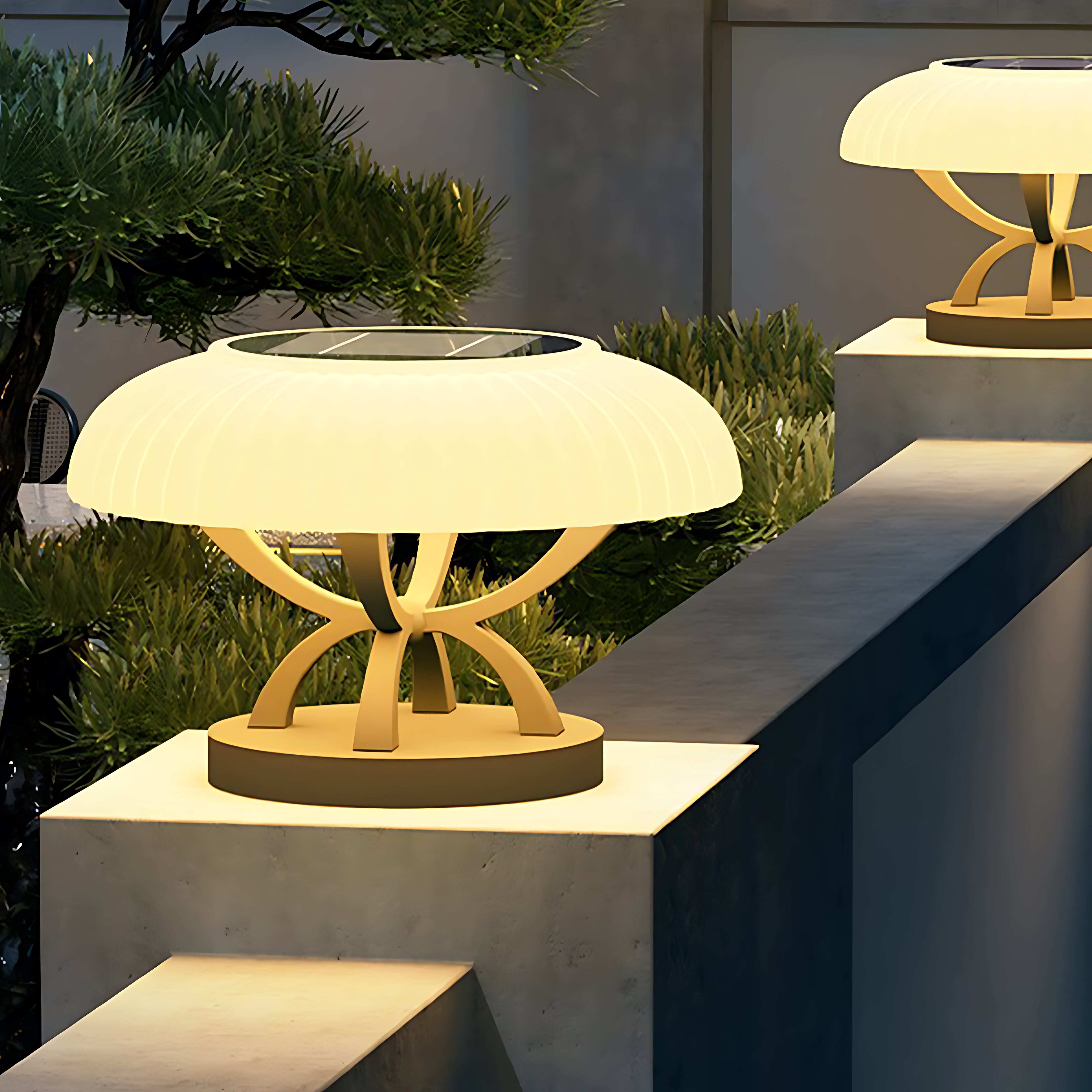 Modern Arc Column Pillar Light — Stainless Steel, PE Shade, LED 3000K, IP65, Solar / Hardwired