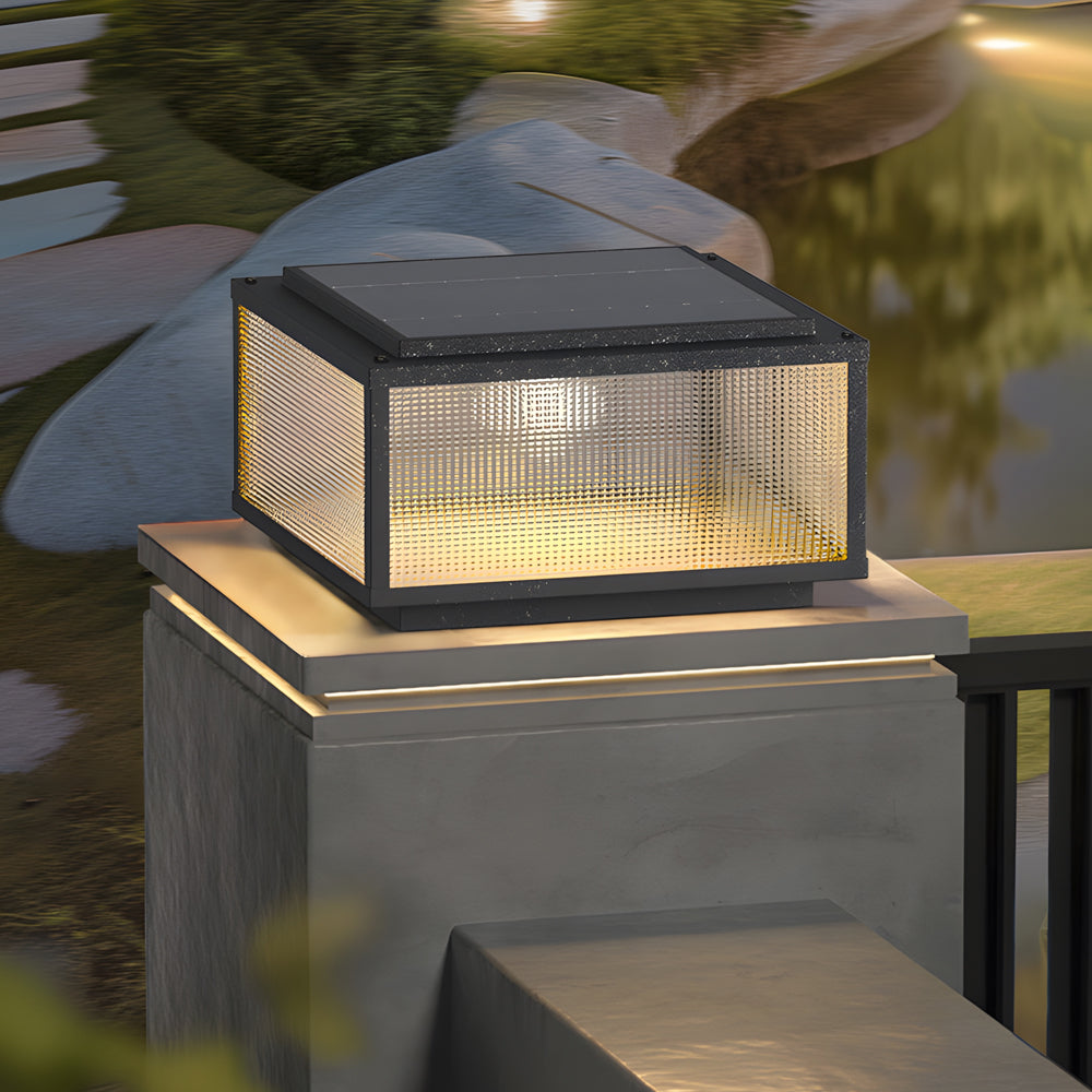 Square Modern Outdoor Pillar Light — Die-Cast Aluminum & Tempered Glass, Solar or Hardwired, LED 3000K, IP65 Weatherproof