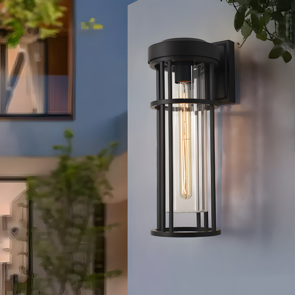 Cylindrical Outdoor Wall Sconce — Black Aluminum, Tempered Glass, E27 LED, IP54, 14.2" or 18.1"