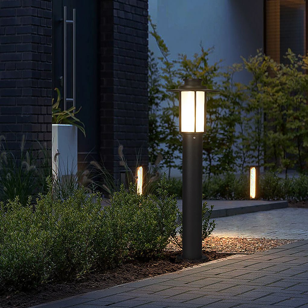 Cylindrical LED Bollard Light — Iron with PC Cover, E27 18W, IP54, 9" × 31", Coffee / Black