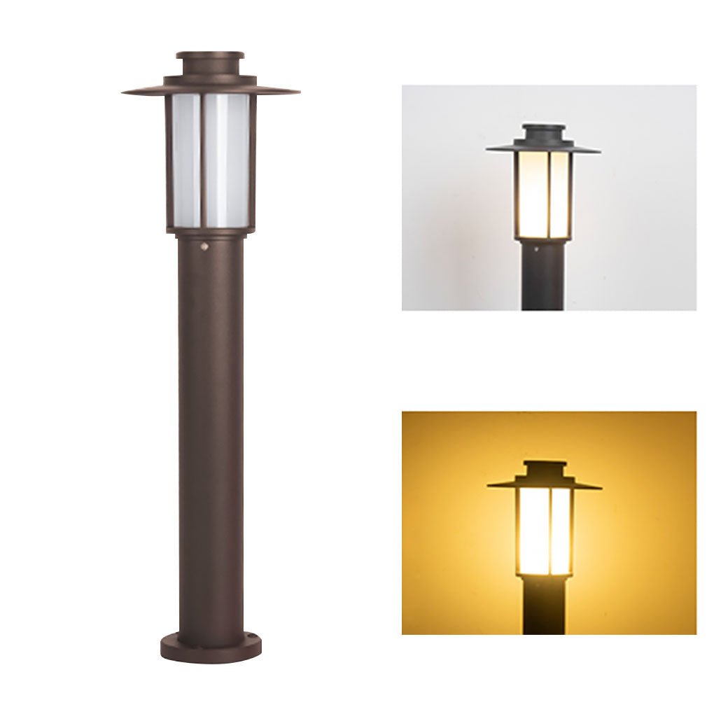 Cylindrical LED Bollard Light — Iron with PC Cover, E27 18W, IP54, 9" × 31", Coffee / Black
