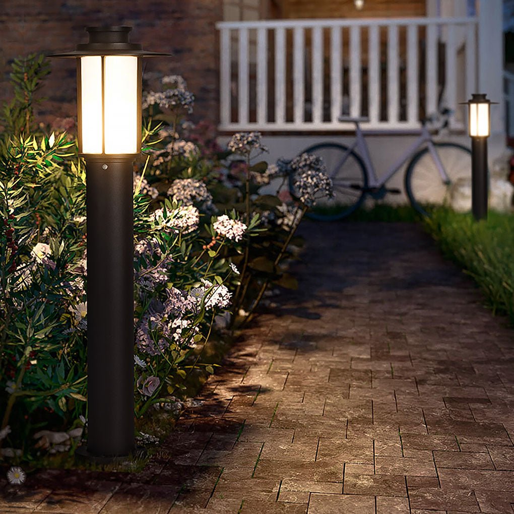 Cylindrical LED Bollard Light — Iron with PC Cover, E27 18W, IP54, 9" × 31", Coffee / Black