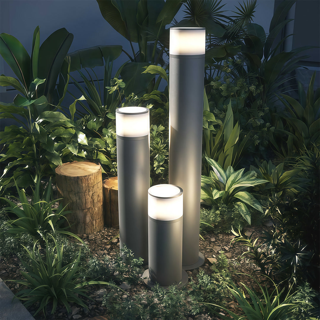 Cylindrical Outdoor Bollard Path Light — Black Aluminum, 7W LED, 3000K, IP54, Three Heights
