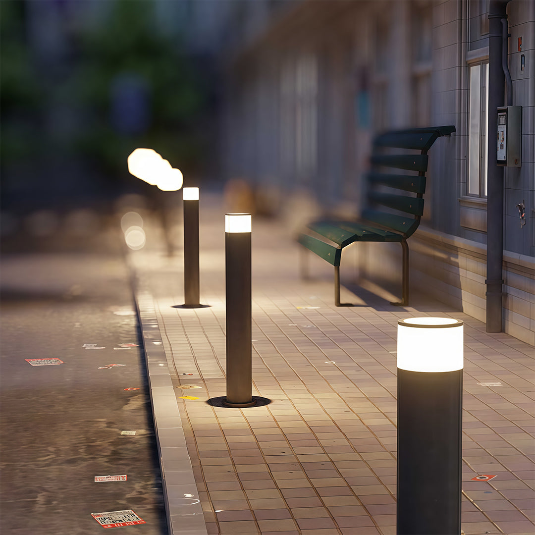 Cylindrical Outdoor Bollard Path Light — Black Aluminum, 7W LED, 3000K, IP54, Three Heights