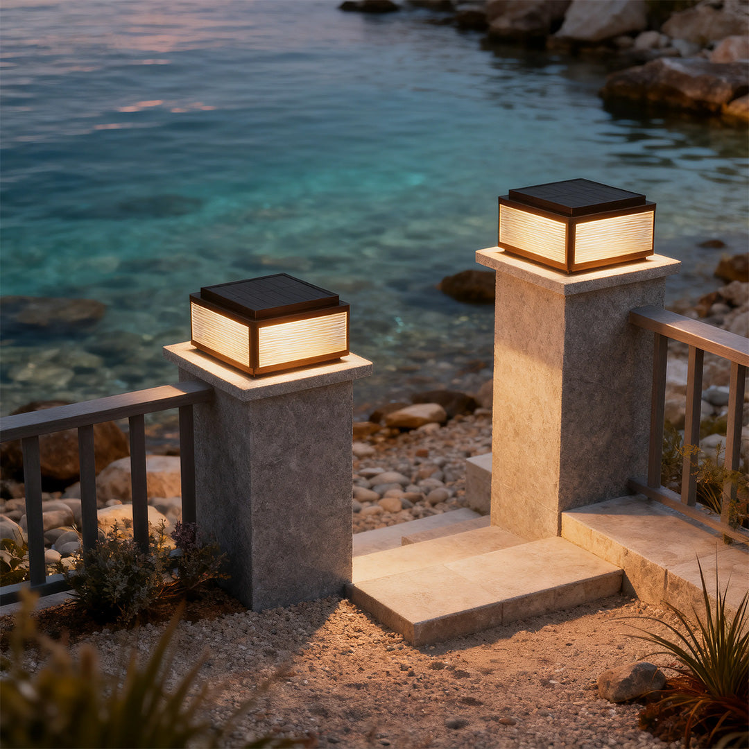 Modern Outdoor Pillar Light — Black Aluminum, White Acrylic, LED, Hardwired or Solar, 25cm / 30cm / 40cm, IP54, 3-Step Dimming