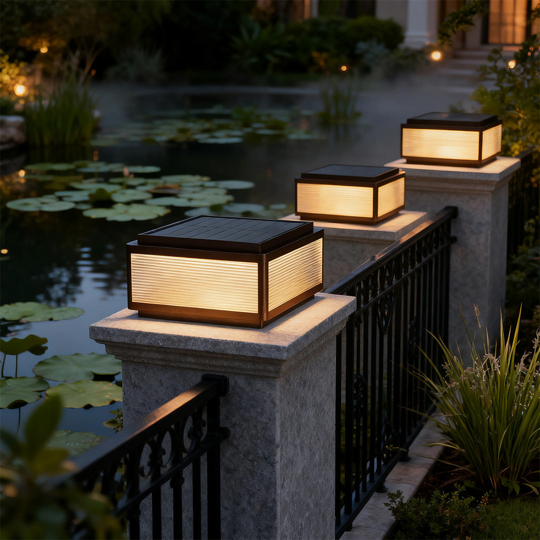 Modern Outdoor Pillar Light — Black Aluminum, White Acrylic, LED, Hardwired or Solar, 25cm / 30cm / 40cm, IP54, 3-Step Dimming