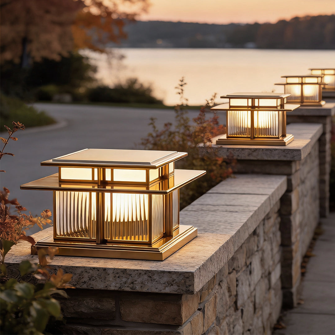 Modern Square Outdoor Pillar Light — Stainless Steel & Copper, LED 3000K, IP65, Brass or Black, Solar or Hardwired