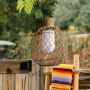 Rustic Modern Outdoor Rattan Pendant Lantern — Iron, 10W LED, 3000K Warm White, 13.8" Dia, Hardwired