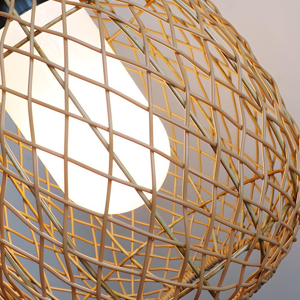 Rustic Modern Outdoor Rattan Pendant Lantern — Iron, 10W LED, 3000K Warm White, 13.8" Dia, Hardwired