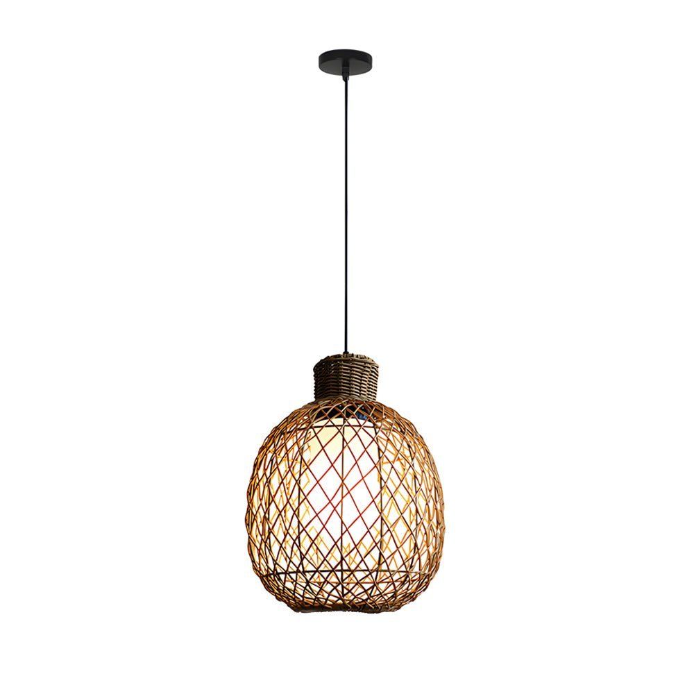Rustic Modern Outdoor Rattan Pendant Lantern — Iron, 10W LED, 3000K Warm White, 13.8" Dia, Hardwired