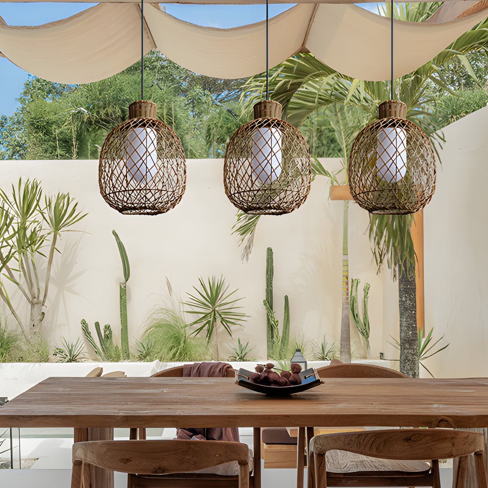Rustic Modern Outdoor Rattan Pendant Lantern — Iron, 10W LED, 3000K Warm White, 13.8" Dia, Hardwired