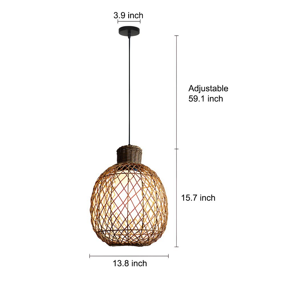 Rustic Modern Outdoor Rattan Pendant Lantern — Iron, 10W LED, 3000K Warm White, 13.8" Dia, Hardwired