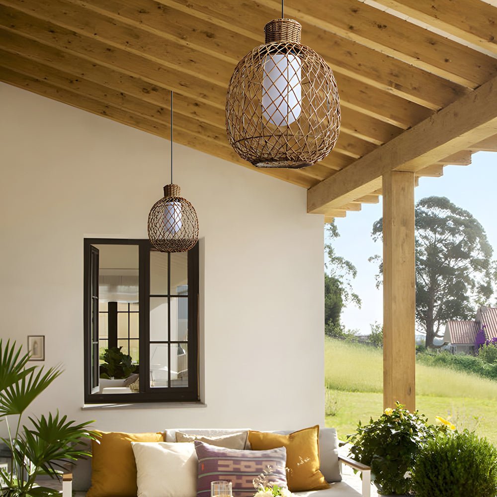 Rustic Modern Outdoor Rattan Pendant Lantern — Iron, 10W LED, 3000K Warm White, 13.8" Dia, Hardwired