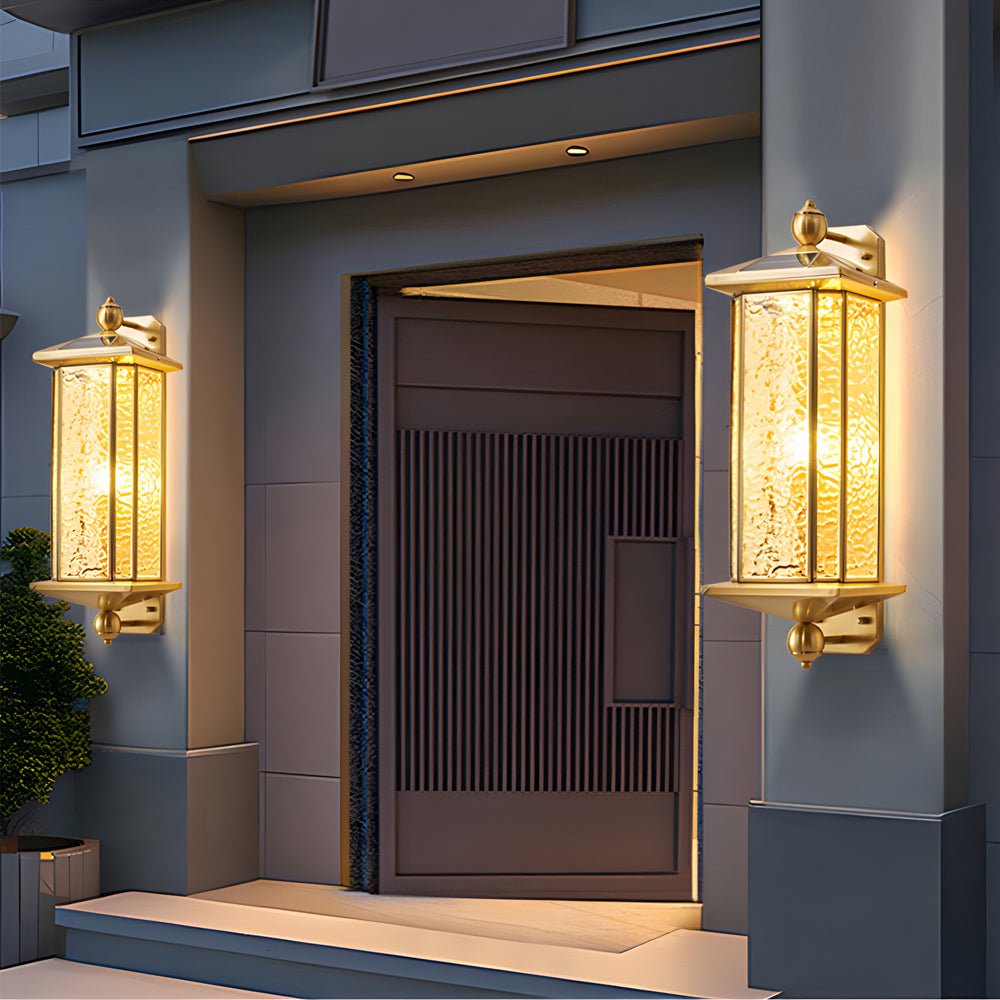 outdoor wall light with elegant brass and glass lantern in copper finish