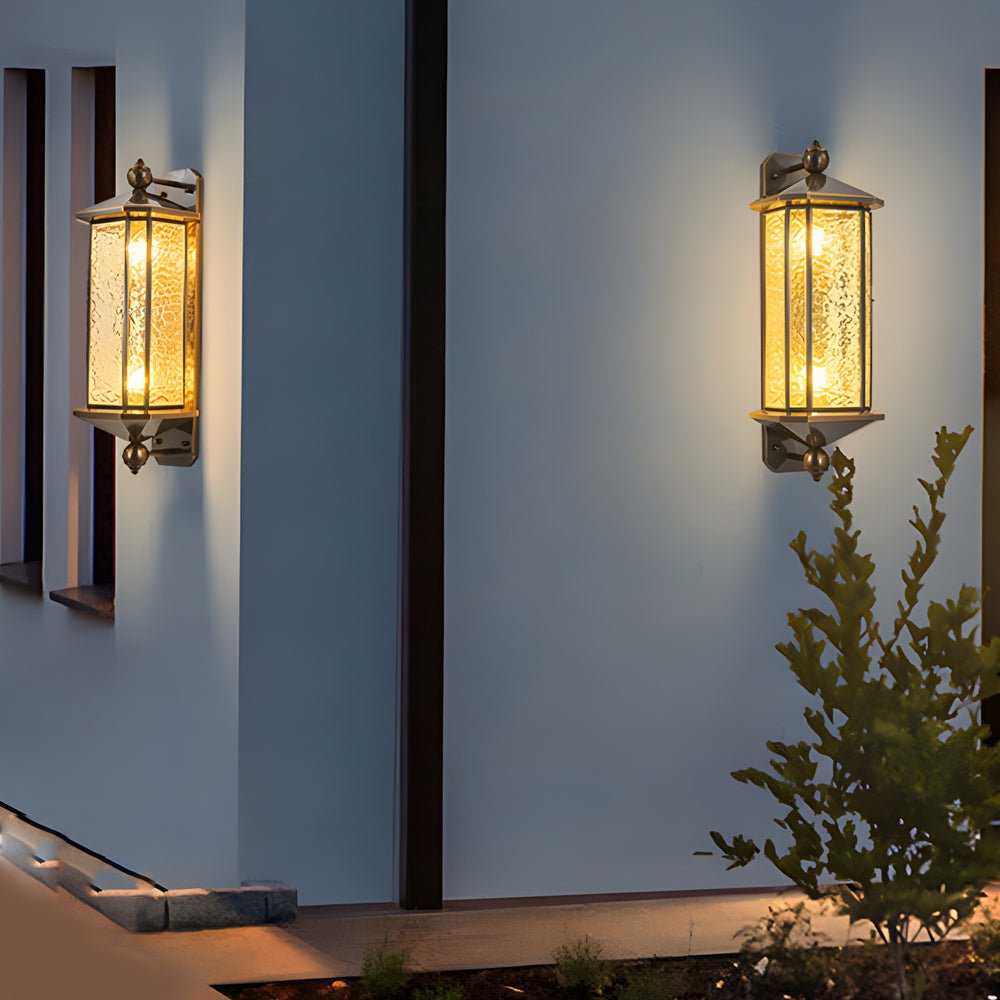 outdoor wall light with elegant brass and glass lantern in copper finish